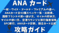 ANAカード攻略ガイド2025：一般・ワイド・ゴールド・プレミアムの違い、 ANAカード全43種スペック一覧・比較表、 国際ブランドの賢い選び方、マイルの貯め方、 マイルの使い方、空港ラウンジと旅行傷害保険、 SFC修行、ANAカード診断、競合カード比較