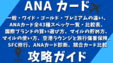 ANAカード攻略ガイド2025：一般・ワイド・ゴールド・プレミアムの違い、 ANAカード全43種スペック一覧・比較表、 国際ブランドの賢い選び方、マイルの貯め方、 マイルの使い方、空港ラウンジと旅行傷害保険、 SFC修行、ANAカード診断、競合カード比較