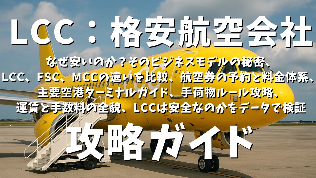 LCC（格安航空会社）攻略ガイド：なぜ安いのか？そのビジネスモデルの秘密、LCC、FSC、MCCの違いを比較、航空券の予約と料金体系、主要空港ターミナルガイド、手荷物ルール攻略、運賃と手数料の全貌、LCCは安全なのかをデータで検証